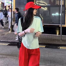 抖音得物品质二开240克宽松纯棉美式潮牌印花三条杠中性风短袖T恤，男装T恤，电商A486