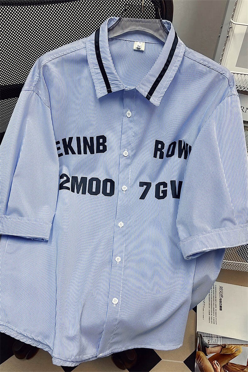 1中性竖条纹大码M-5XL日系港风情侣七分袖衬衫男QCS7018P45控68,男装衬衫,星座226-2