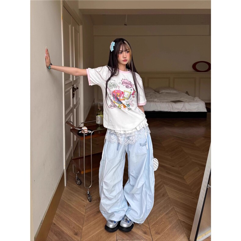 美式街头条纹弯刀裤女2025超火夏装新款垂感宽松百搭阔腿休闲裤子,男装休闲裤,星座506A