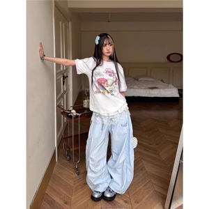 美式街头条纹弯刀裤女2025超火夏装新款垂感宽松百搭阔腿休闲裤子图片
