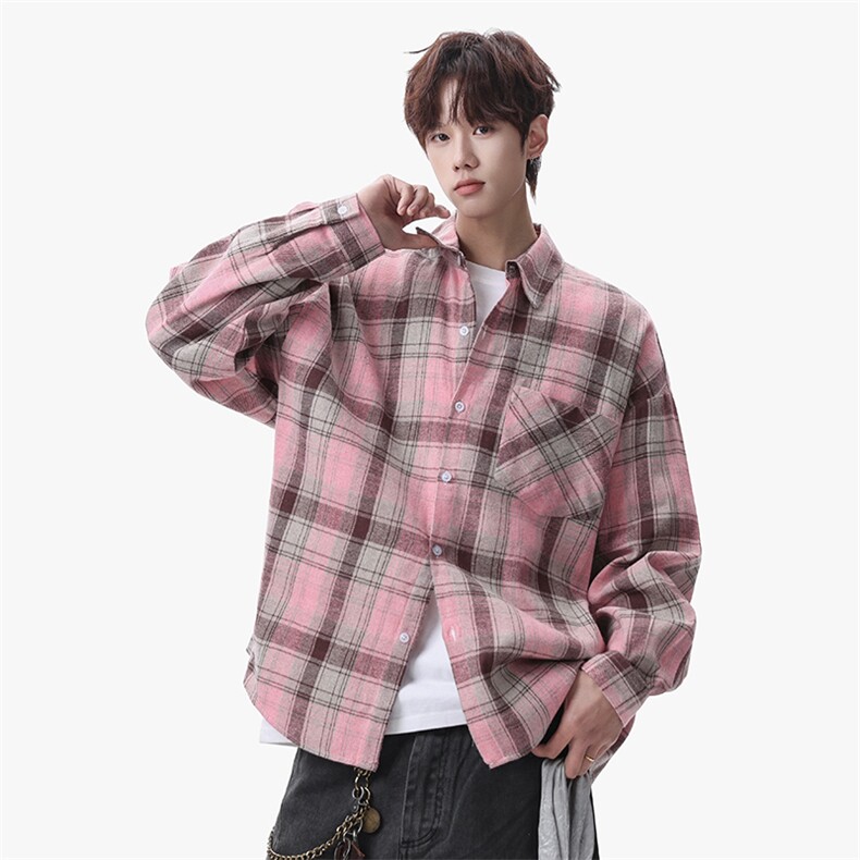 衬衫男春季新款港风宽松磨毛大码格子长袖衬衣CS606-特P28，男装衬衫，星座214-3