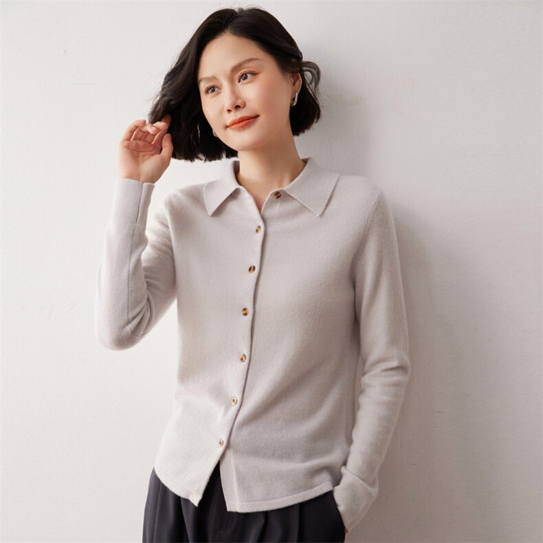 秋冬新款洋气时尚百搭显瘦女款POLO领35%山羊绒开衫,女装羊绒衫,艾巧羊绒