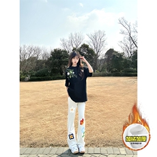 抖音得物高品质秋冬季重磅花卉刺绣潮流运动宽松加绒直筒休闲卫裤，男装休闲裤，电商A486