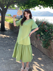 2025夏季新款牛油果绿超好看T恤裙女法式撞色拼接裙摆设计感长裙，女装连衣裙，浙宝276（原081）