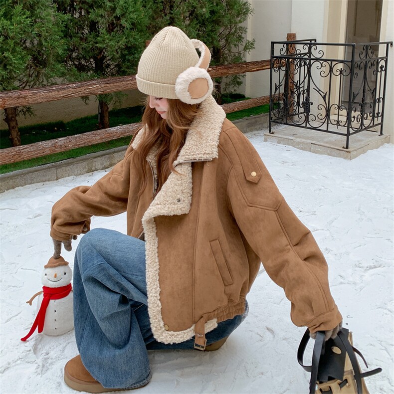 棕色皮毛一体羊羔毛机车外套女秋冬2025新款酷飒风炸街超好看棉服,女装皮草,2C210