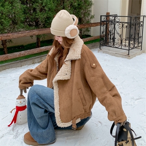 棕色皮毛一体羊羔毛机车外套女秋冬2025新款酷飒风炸街超好看棉服图片