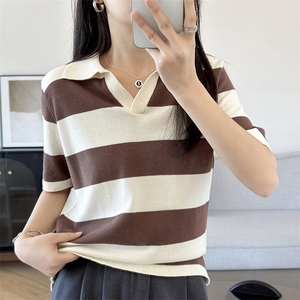 夏季时尚V领百搭纯棉翻领条纹针织短袖女撞色显瘦气质上衣t恤女图片