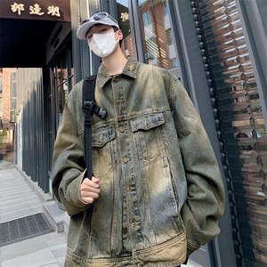 复古水洗做旧牛仔外套男秋季潮牌宽松夹克上衣 有垫肩J88201-p63图片