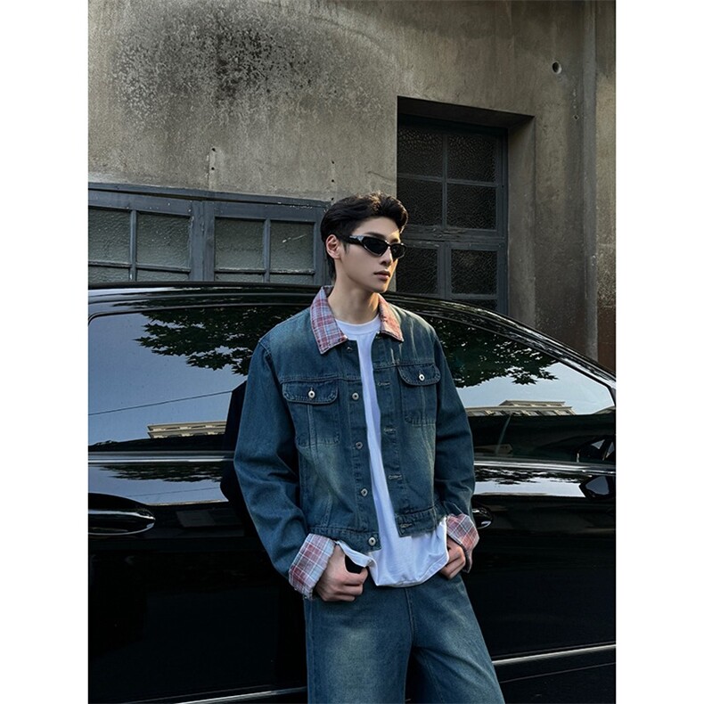 红格纹拼接牛仔外套男春秋vintage美式街头潮牌宽松情侣夹克N1238，男装夹克，星座506