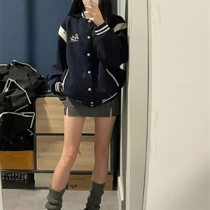 复古高级感学院风棒球服外套潮牌宽松藏蓝色休闲夹克棒球服WT6688图片