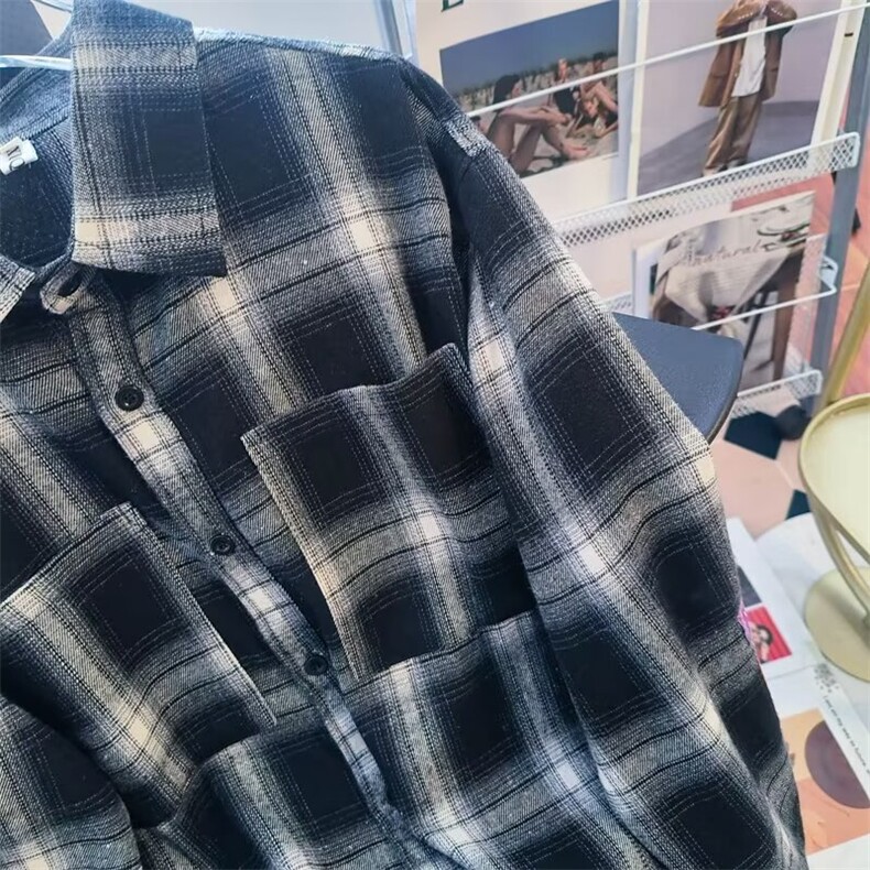 美式复古潮男女黑白格子衬衫休闲青少年春秋情侣上衣外套~CS105,男装衬衫,星座601-1