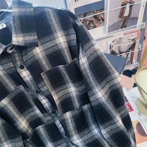 美式复古潮男女黑白格子衬衫休闲青少年春秋情侣上衣外套~CS105图片