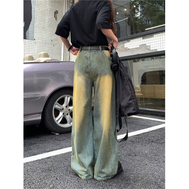 猫须黄泥脏染cleanfit牛仔裤男女高街直筒vibe裤子情侣潮~D8027,男装牛仔裤,星座601-1