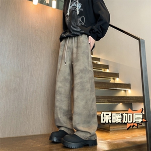 加厚保暖潮牌直筒拖地阔腿裤扎染脏脏布纽扣收脚毛呢裤男7991-P65图片