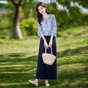 时尚休闲气质衬衫套装女2025夏新款宽松减龄显瘦亚麻阔腿裤两件套图片