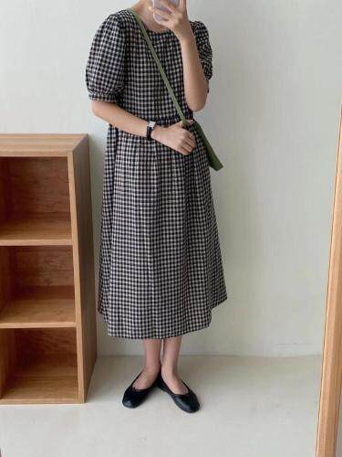 韩版棉麻格子连衣裙，女装连衣裙，素宇 SUYU