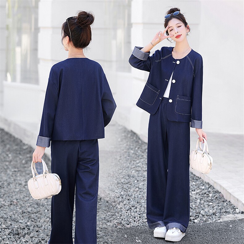 时尚简约大方气质优雅收腰显瘦休闲修身百搭两件套牛仔年秋季长裤，女装套装/套裙，梦依杭