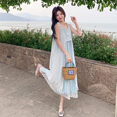 蓝色条纹吊带连衣裙女2025夏季新款法式度假风镂空罩衫长裙两件套，女装套装/套裙，2D078