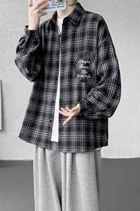 衬衫男春季新款港风宽松大码刺绣格子衬衣CS121-P35图片