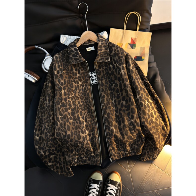 图美式豹纹牛仔夹克垫肩小众翻领短款宽松外套GY68218-P78，男装夹克，电商A025