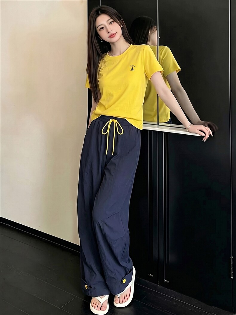 女夏季新款韩版时尚休闲套装修身圆领黄色短袖上衣阔腿长裤两件套,女装套装/套裙,江南