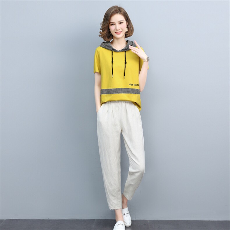 中年妈妈棉麻格子套装女夏2025新款时尚休闲遮肚子显瘦洋气两件套,女装套装/套裙,璐依舞