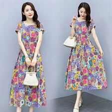 棉麻连衣裙女夏季2025新款韩版女装文艺碎花宽松收腰显瘦印花裙子，女装连衣裙，超帛