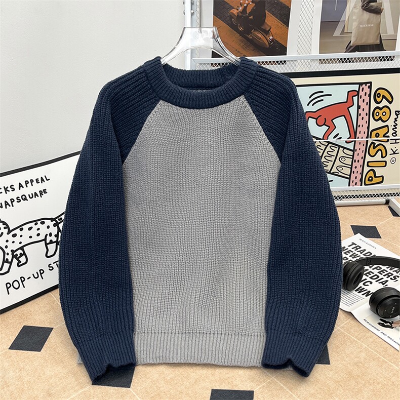 港风秋冬款男圆领套头毛衣撞色拼接针织衫宽松休闲线衣M262P45,男装针织衫/毛衣,星座1013-1