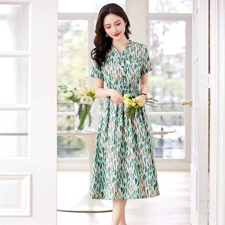 印花亚麻连衣裙女中长款2023夏季新款小个子V领收腰显瘦棉麻裙子,女装连衣裙,牡丹诺