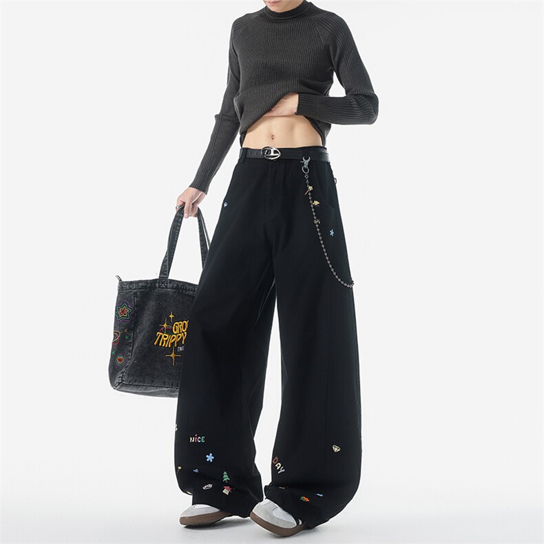 8X-M卡通绣花休闲裤男2025新款情侣宽松阔腿弯刀裤子K9173P78，男装休闲裤，电商D206-1