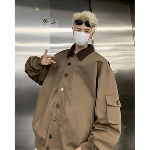 复古设计感拼色工装翻领夹克男潮牌宽松情侣休闲外套图片
