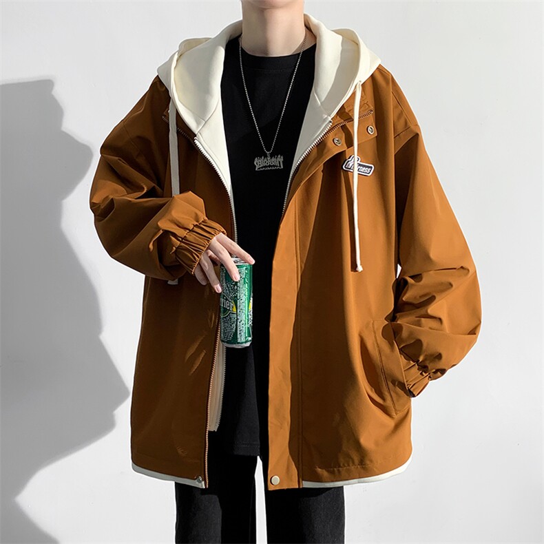 春秋款工装连帽假两件夹克潮流拼色宽松冲锋衣外套JK8310-P65,男装夹克,电商B306