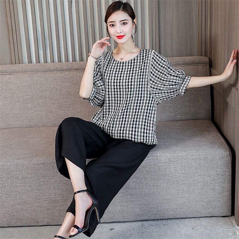 夏季新款配高腰阔脚裤纯色套装条纹圆领T恤2021新款,女装套装/套裙,妃曼