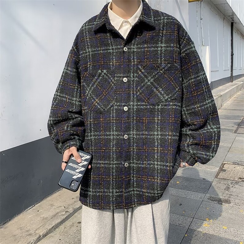 春日系复古毛呢潮牌格子衬衫男长袖情侣百搭休闲外套QJ22P65,男装夹克,星座1116-2