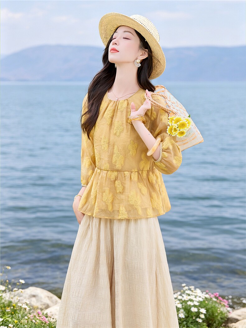 夏新款圆领绣花宽松小衫裙裤优雅气质套装女,女装套装/套裙,水衣源