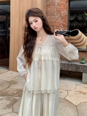 超仙时尚雪纺套装女2026春夏新款半透减龄长袖防晒阔腿裙裤两件套，女装套装/套裙，衣秀之家