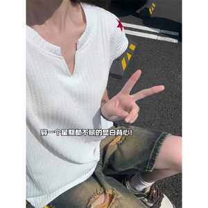 XZ809A/SSS03/特P24/控48 美式V领坎肩万针绣花背心T恤图片