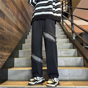 水洗拼接直筒牛仔裤男新款美式复古街头宽松阔腿长裤子81550-p45图片