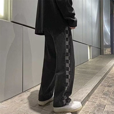 美式复古棋盘格口袋直筒牛仔裤男潮牌bf宽松阔腿休闲长裤bf风，男装牛仔裤，星座506A