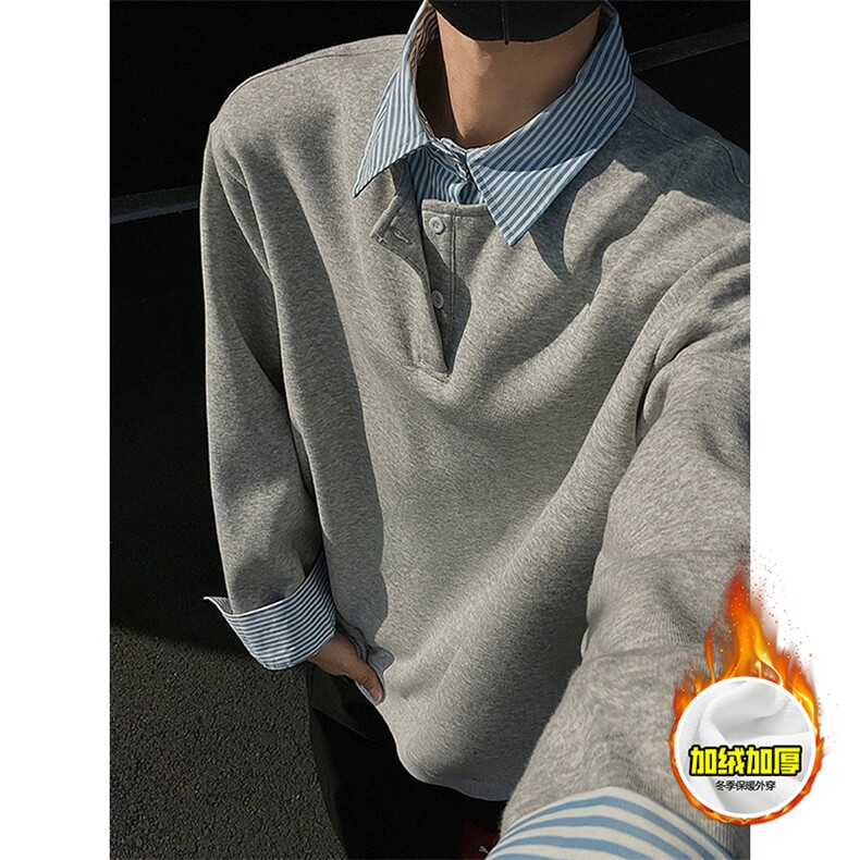 重磅加绒硬挺boxy男女美式高街假两件衬衫领长袖卫衣POLO领打底衫，男装T恤，电商A486