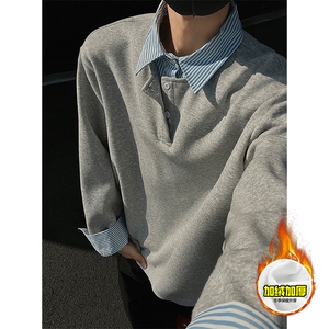 重磅加绒硬挺boxy男女美式高街假两件衬衫领长袖卫衣POLO领打底衫,男装T恤,电商A486