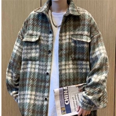 F423P58毛呢格子外套男士2024新款春秋季美式潮牌青少年宽松翻，女装短外套，星座512-6