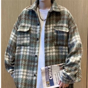 F423 P58毛呢格子外套男士2024新款春秋季美式潮牌青少年宽松翻图片