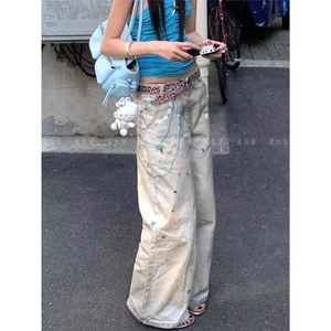 链条蕾丝印花牛仔裤女夏季泼墨设计脏染直筒阔腿裤显瘦百搭拖地裤图片