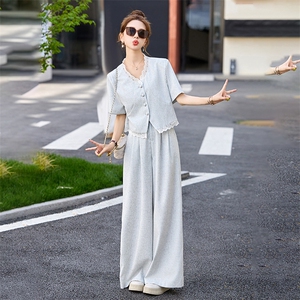 小香风通勤套装女装2025夏季高级感穿搭减龄显瘦阔腿裤休闲两件套图片