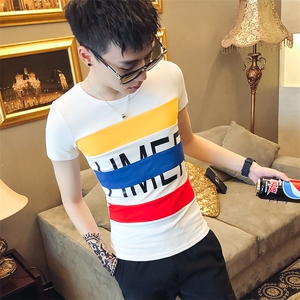 夏季新款社会人男印花圆领短袖上衣帅气精神小伙 白 T915-P38图片
