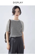 2025春夏条纹针织衫精纺羊毛短袖女宽松显瘦插肩，女装T恤，德聚羊绒