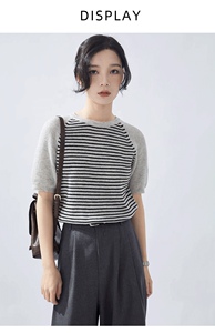2025春夏条纹针织衫精纺羊毛短袖女宽松显瘦插肩图片