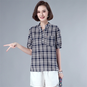 夏季格子衬衫女V领短袖2026年新款复古宽松显瘦衬衣薄款T恤衫上衣图片