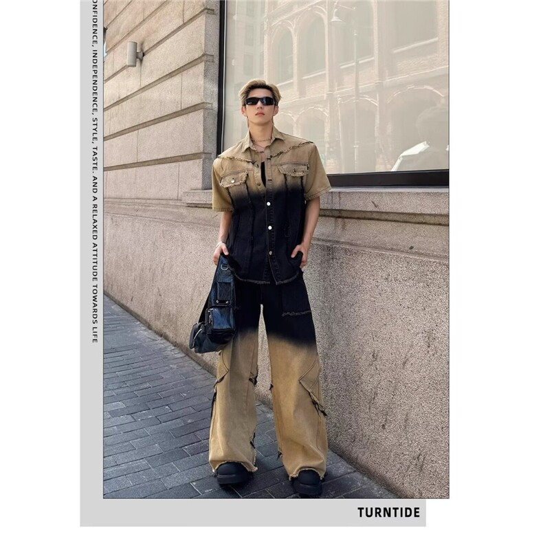 小众设计感港风做旧渐变色夹克套装街头痞帅拖地牛仔裤男潮，男装牛仔裤，星座506A